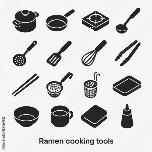 Essential ramen cooking tools icons set in black and white