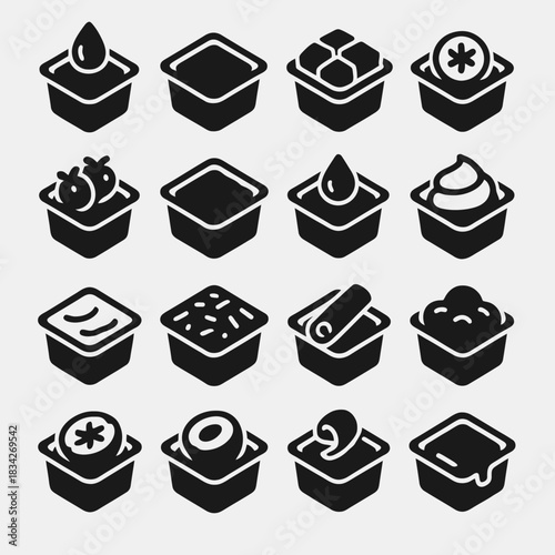 Assorted black and white icons of food containers with diverse shapes and patterns