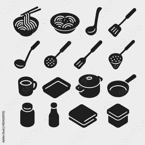 Black and white kitchen utensil icons featuring pots, pans, and cutlery