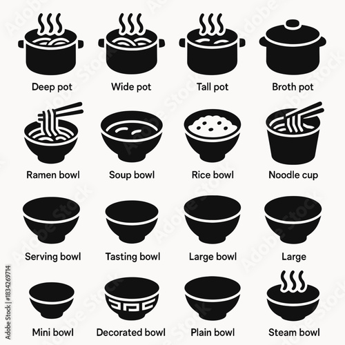 Various cooking bowls and pots icons collection with noodles and steam