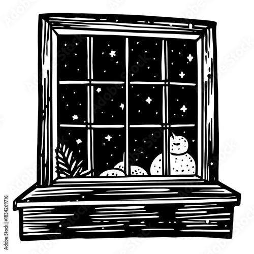 Woodcut Window Scene with Cat and Starry Night.