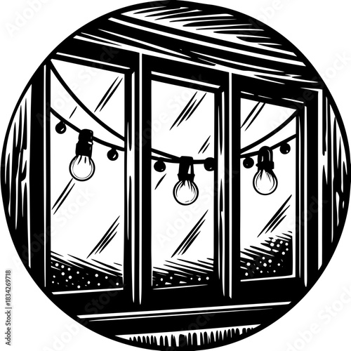 Woodcut Style Window with String Lights Illustration.