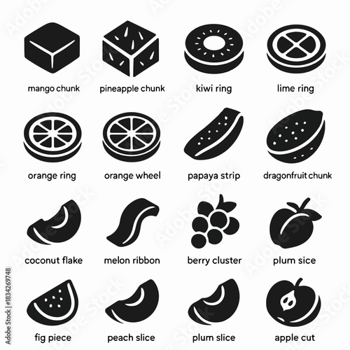 Assorted fruit icons featuring mango, pineapple, kiwi, lime, orange, and more in bold black style
