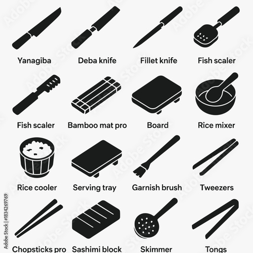 Silhouette icons of essential sushi preparation tools and utensils