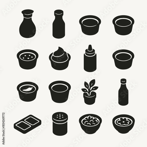 Silhouette icons of kitchen containers and plants in minimalist design