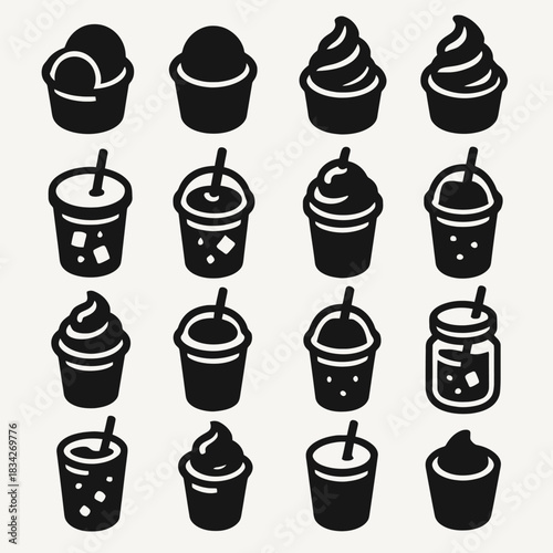 Collection of black and white ice cream and beverage icons