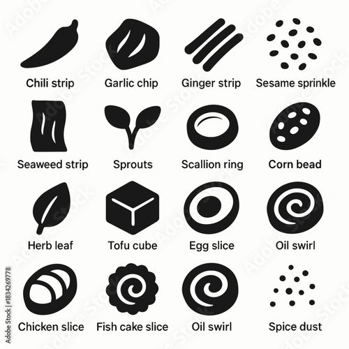 Icons of asian food ingredients: chili, garlic, ginger, sesame, seaweed, tofu, egg, oil
