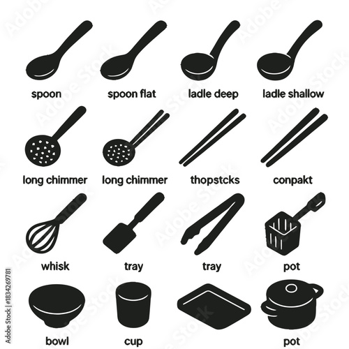 Kitchen utensil icons: spoons, ladles, whisk, chimmer, tongs, pot
