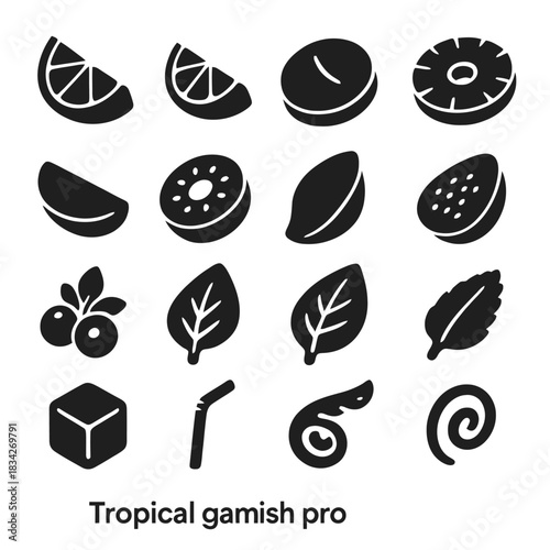 Tropical garnish icons: citrus, leaves, ice, mint, and more