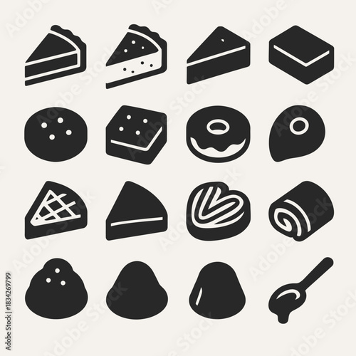 Assorted dessert icons: pies, cakes, cookies, and more in black and white style