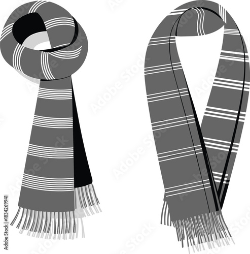 Two grey and white striped scarves with fringe on a white background Keywords: scarf, winter, fashion, accessory, clothing, warm