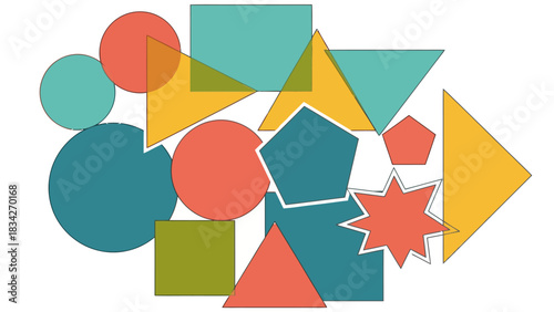 Overlapping geometric shapes in teal coral gold and olive colors