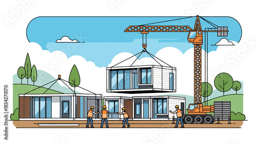 Modular home construction using a large orange crane and construction workers