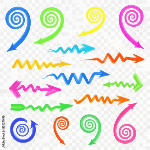 Colorful zigzag and spiral arrows pointing in different directions on transparent background