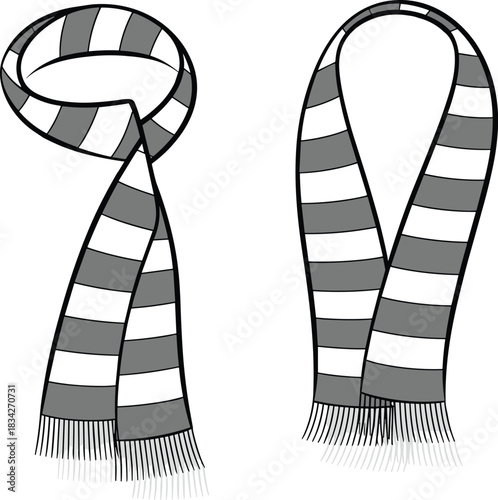 Two striped scarves one tied and one hanging on a white background Keywords: scarf, winter, fashion, accessory, clothing, warm