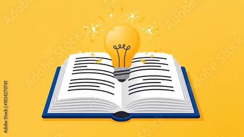 Open Book with Glowing Light Bulb Idea Concept.