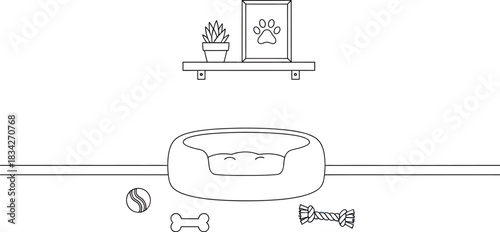 Cozy dog corner with bed toys and paw print art in a clean modern style
