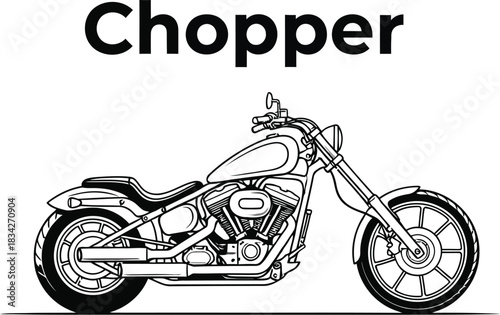 Detailed line art illustration of a classic chopper motorcycle on a white background