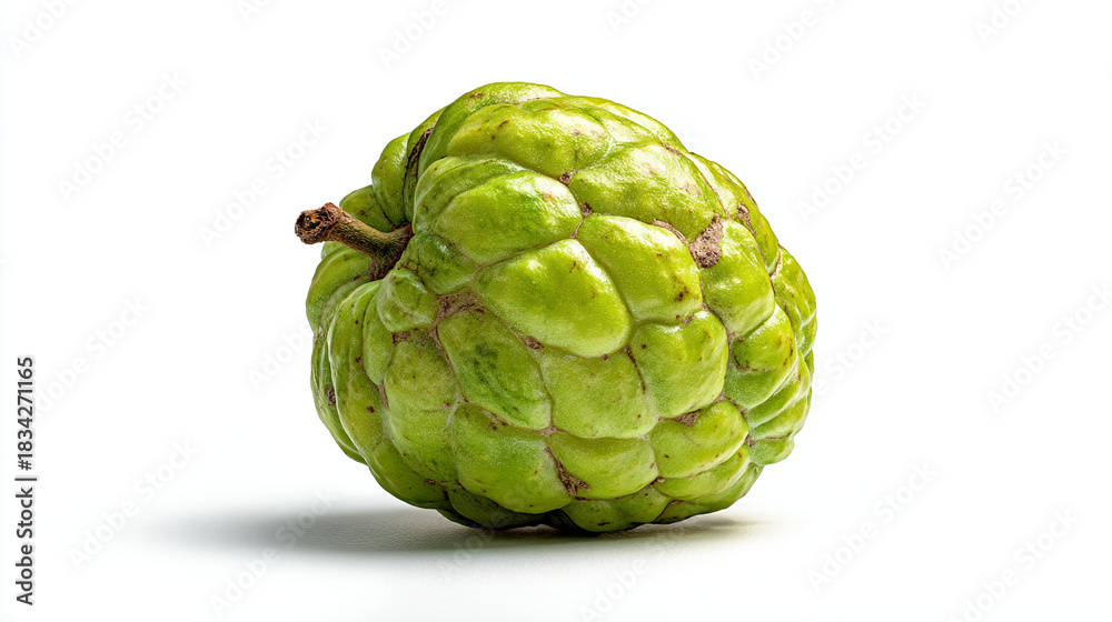 Obraz premium Close up shot of a single green custard apple fruit on a white background with a small shadow