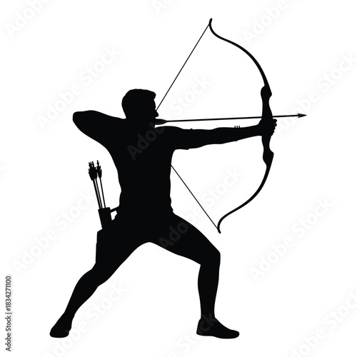 An archer pulling a bow, silhouette, transparent background.