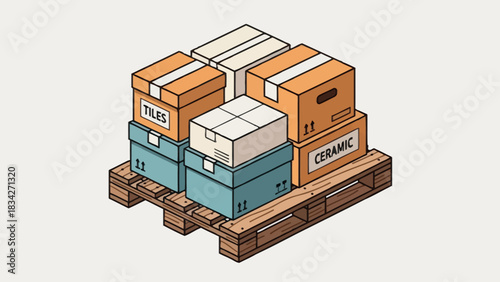 Stack of labeled and unlabeled cardboard boxes resting on a wooden shipping pallet