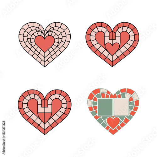 Vector Mosaic Heart Icon Set: Tiled Love Symbols and Patterns