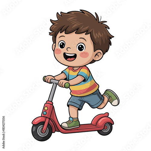 Happy little boy riding a bike and scooter in the park illustration
