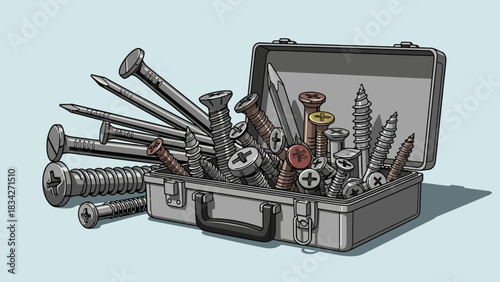 Pixel art toolbox overflowing with various nails and screws against a light blue background