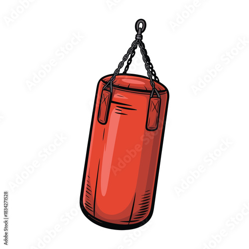A red punching bag hanging from the top, cartoon drawing, transparent background.