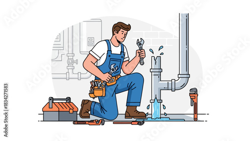 Plumber kneeling by a leaking pipe holding wrenches in front of water heater