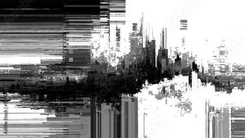 Abstract digital cityscape with glitch effect and distorted urban panorama Vector, illustration