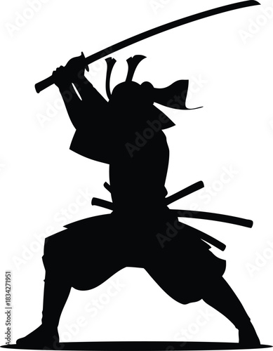 Minimal one-color silhouette of a samurai with sword stance, dramatic pose, vector art, no shading