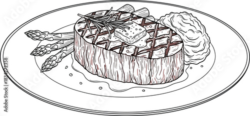 Delicious grilled steak with butter and rosemary served with asparagus and mashed potatoes