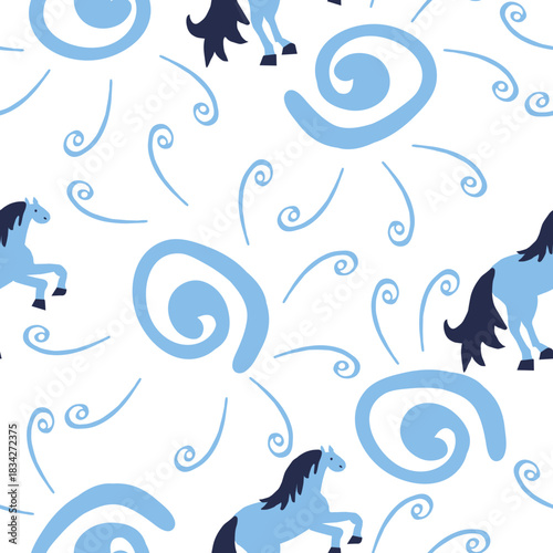 Vector seamless pattern with Christmas blue elements on an isolated white background. Animalistic and botanical print in a modern flat style with horses.