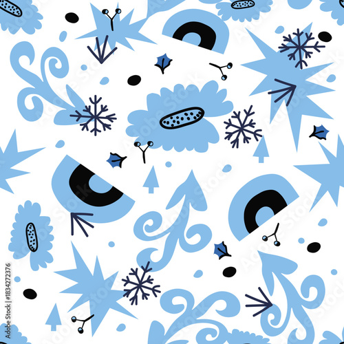 Vector seamless pattern with Christmas blue elements on an isolated white background. Animalistic and botanical print in a modern flat style with horses.