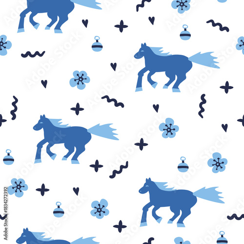 Vector seamless pattern with Christmas blue elements on an isolated white background. Animalistic and botanical print in a modern flat style with horses.