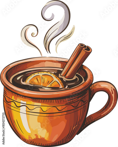 Hand-Drawn Hot Spiced Cider or Mulled Wine Vector Illustration: Cozy Sketch of a Steaming Mug with Cinnamon Stick and Orange Slice for Fall, Winter, or Holiday Graphics.