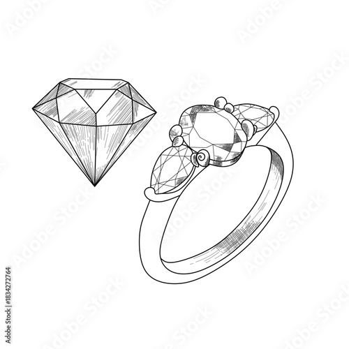 hand drawn diamond ring jewelry engagement precious stone line art vector illustration
