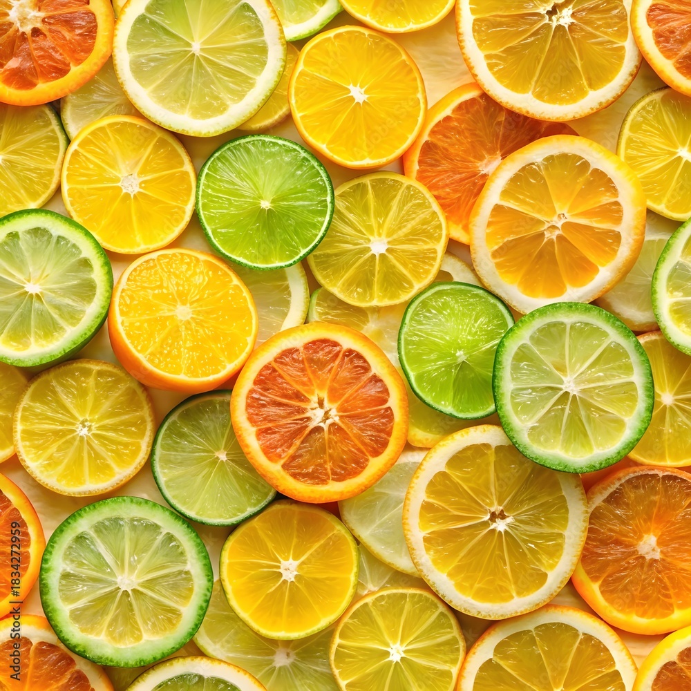 Obraz premium Citrus fruit slices including oranges, lemons, limes, and grapefruits arranged in vibrant overlapping pattern showcasing natural freshness