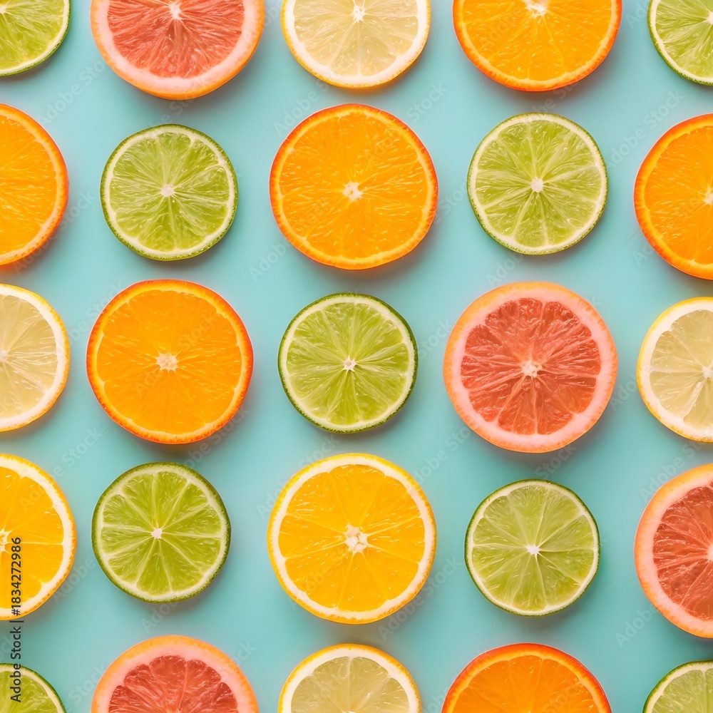 Fototapeta premium Citrus slices of oranges, lemons, limes, and grapefruits arranged in colorful grid on light blue background showcasing freshness and symmetry