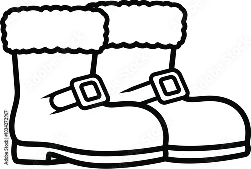 Santa boots illustration with fluffy trim and buckles in black and white line art
