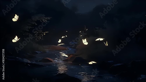 Luminous Night Butterflies: Enchanted Forest Stream Glow Art