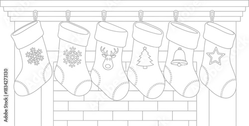 Six christmas stockings hanging on a fireplace mantle ready to be colored in