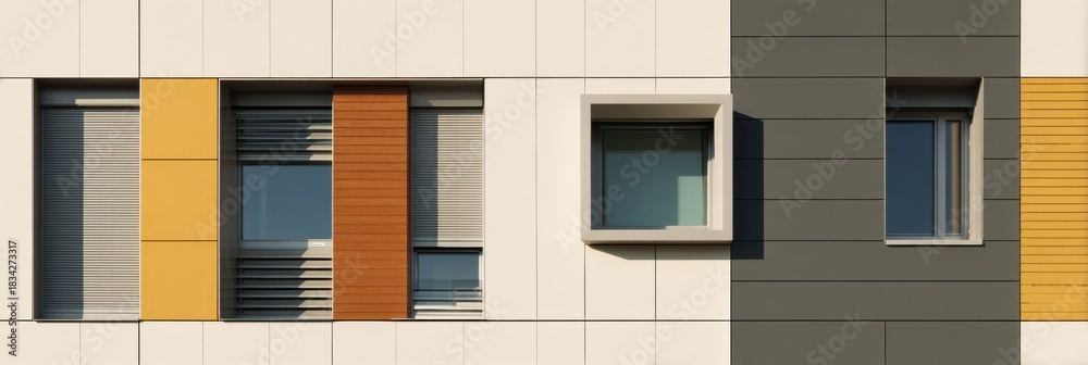 Fototapeta premium Modern Facade Featuring Colorful Windows and Sleek Lines in Urban Architecture During Bright Daylight