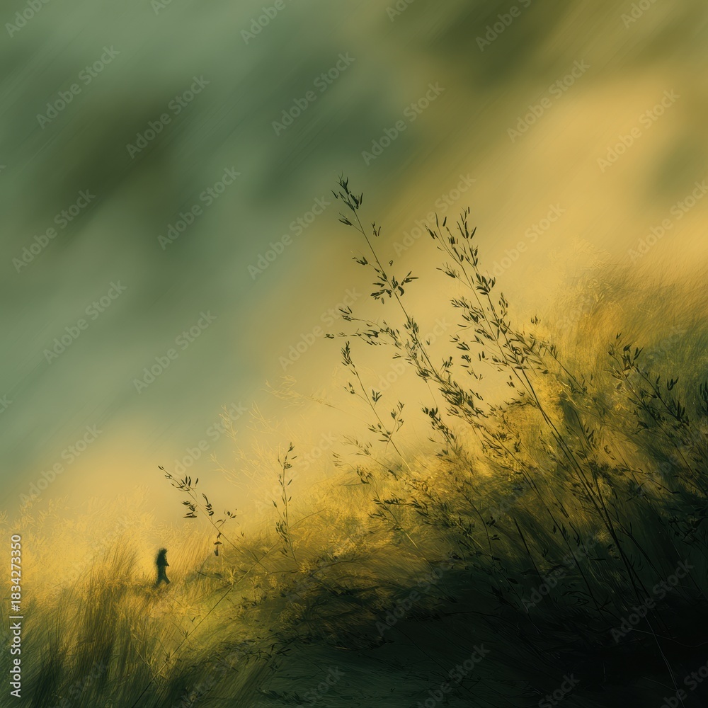 Fototapeta premium A serene landscape featuring a figure walking through tall grass, illuminated by soft golden light against a moody, greenish background, square nature background for quotes