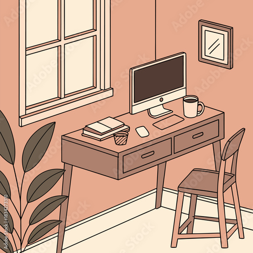 Minimalist isometric home office interior with computer desk chair and plant vector illustration