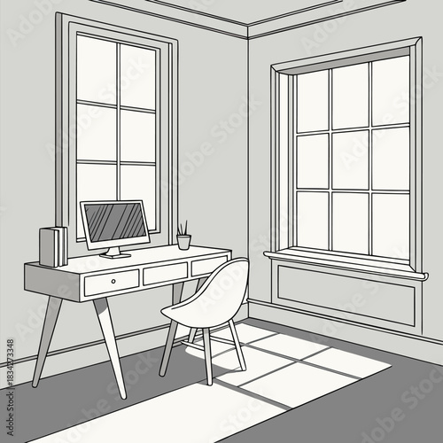 Illustration of a modern office space with two large windows and a clean desk setup
