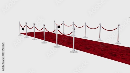 Foto Red velvet rope barrier, silver poles and red carpet isolated on white background