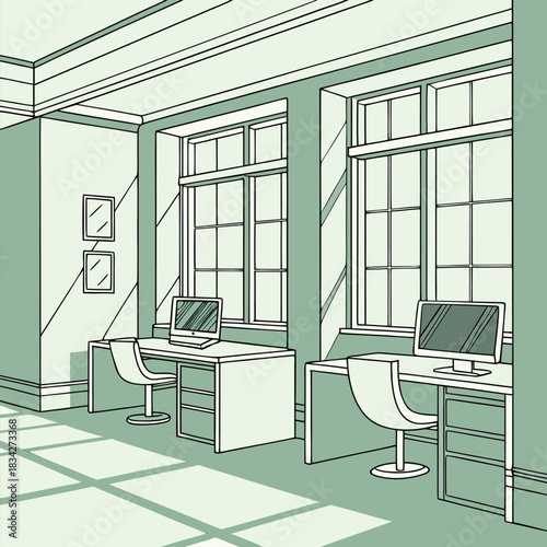Illustration of a spacious modern office with large windows and two workstations