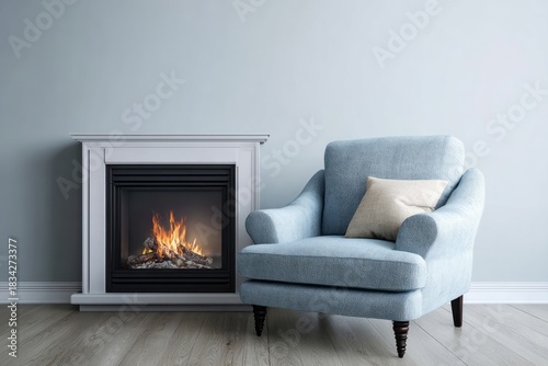 Comfortable upholstered armchair placed beside a white mantelpiece housing a warm burning fireplace